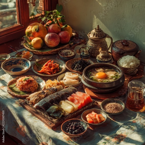 Korean Chuseok table with traditional food and harvest fruits