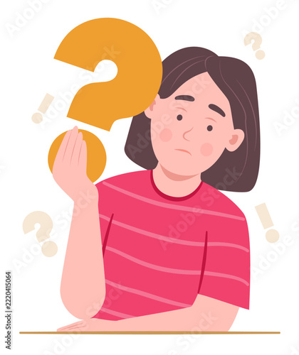 Curious Teenage Girl Holding a Big Question Mark Symbol in Hands with Feeling of Confuse for Q&A Concept Illustration Clip Art