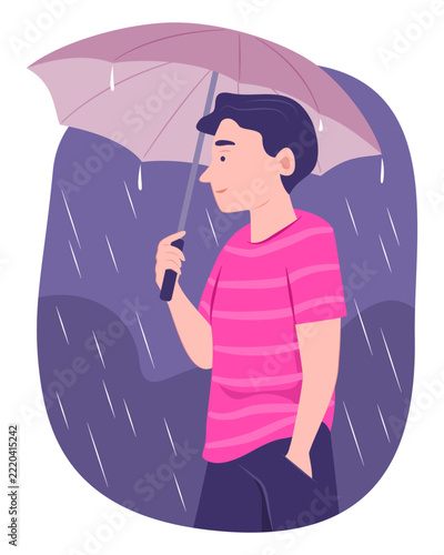 Young Man Holding Umbrella and Standing Outdoor in the Rain for Rainy Seasonal Lifestyle Concept Illustration Clip Art