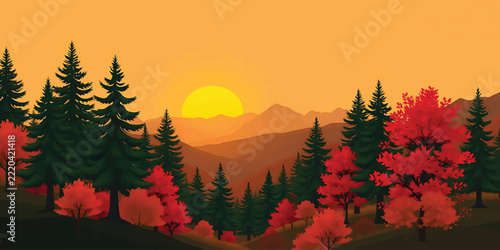 Autumn Pine Forest Sunset Landscape with Red Foliage and Layered Hills Vector Illustration