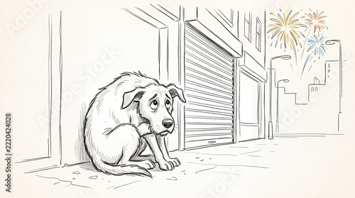 Dog Seeking Shelter During Fireworks Cartoon Sketch
