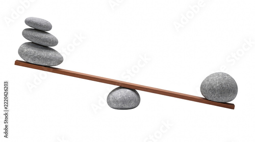 Wooden Plank Balancing Multiple Zen Stones Against a Single Large Rock