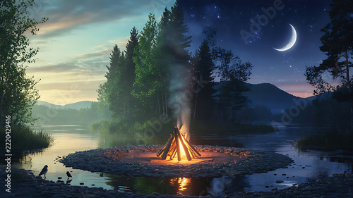 Magical transition from day to night at a lakeside campsite with a bonfire, crescent moon, and starry sky