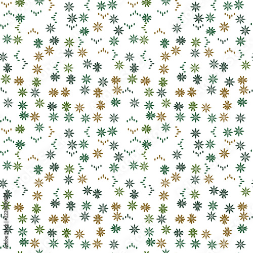 Seamless pattern of green and brown stylized snowflakes and lanterns
