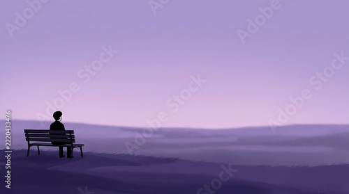 Silhouette of a Lonely Person Sitting on a Bench in a Vast Minimalist Purple Landscape at Twilight