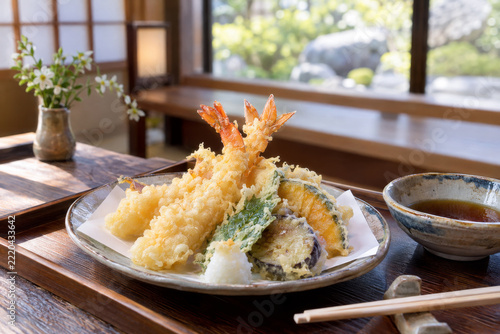 Crisp Vegetable and Shrimp Tempura on a Wooden Tray