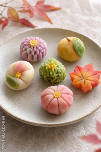 Colorful Wagashi Confections in a Japanese Sweet Shop