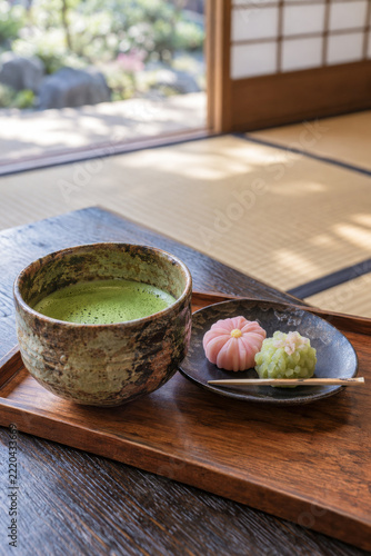 Matcha Tea and Traditional Japanese Sweets on a Tray
