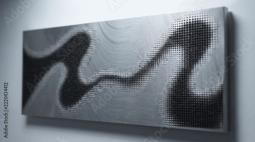 Modern Art Gallery Exhibition with People Viewing Abstract Halftone Wave Mural Vector