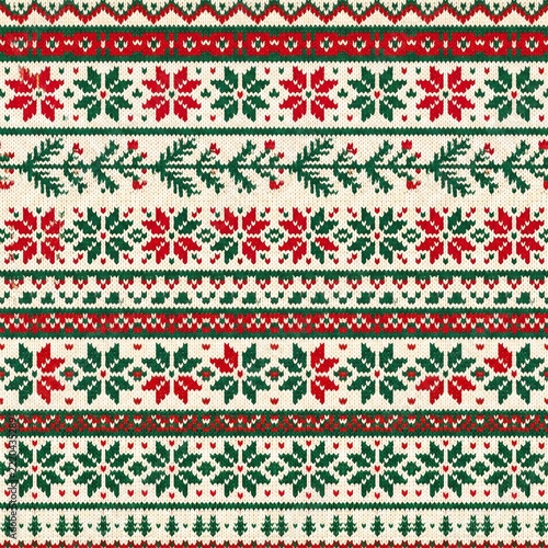 Nordic Christmas Pattern: A festive collection of traditional Nordic knitting patterns in red and green, showcasing snowflakes, fir branches, and geometric motifs.