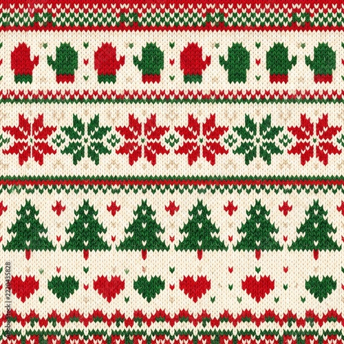Christmas Knitting Pattern: A festive and intricate knitting pattern in traditional Christmas colors of red, green, and cream, featuring snowflakes, Christmas trees, hearts, and mittens.