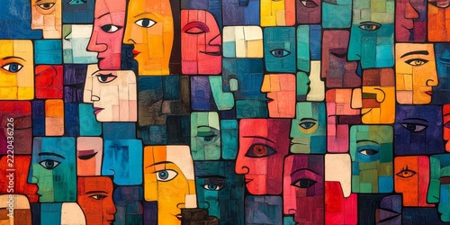 A vibrant, colorful pattern of squares and shapes representing people's faces in different shades, Generative AI