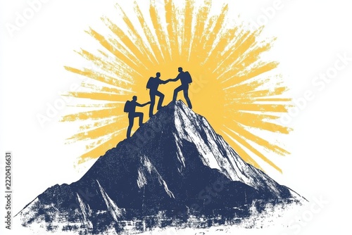 Hand drawn logo of people helping each other reach the top, mountain peak with sun rays in background, Generative AI