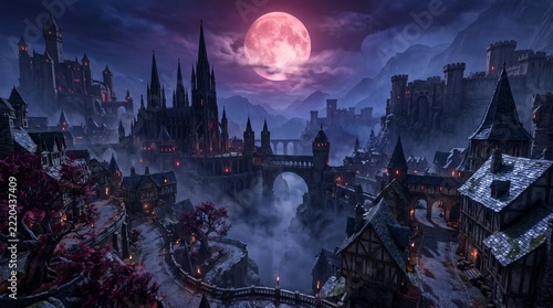 Gothic medieval castle town under a glowing crimson full moon