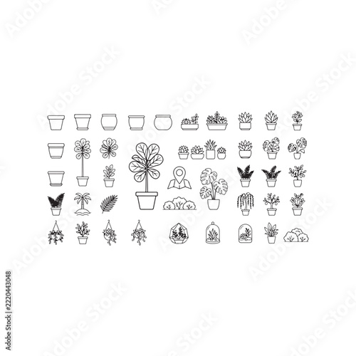 Cozy home interior potted houseplants greenhouse succulents and blank flowerpots outline icon bundle featuring linear sketches of monstera fern and glass terrariums.