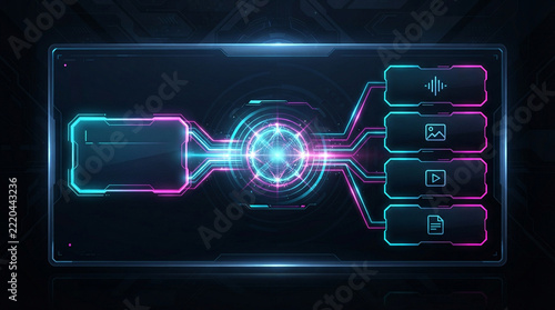 Modern virtual workspace display with glowing neon circuits linking file types to storage.