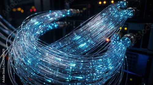 Fiber optic cables glowing with data transmission in a server room
