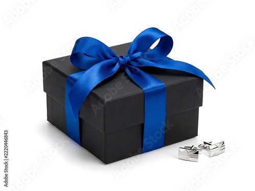 Black gift box with blue ribbon and bow