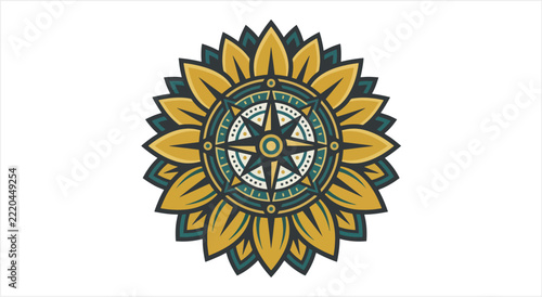 Sunflower Compass Rose Nautical Navigation Symbol.