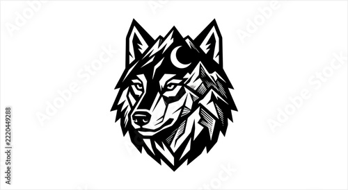 Stylized Wolf Head with Mountain and Moon Elements.