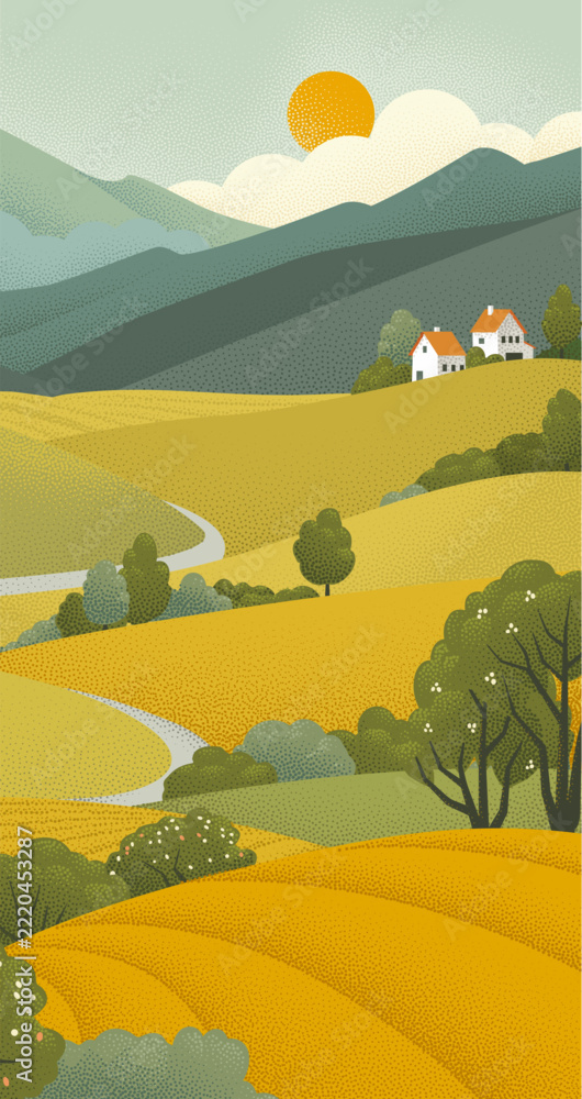 Naklejka premium Fields Rolling Hills Farm Landscape Background