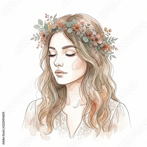 Young woman with floral crown illustration wearing bohemian style