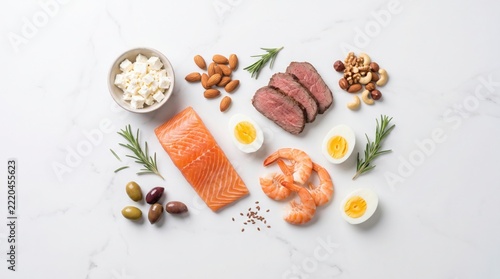 Healthy keto diet food platter with salmon and boiled eggs