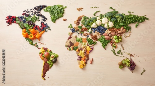 World map made of fresh fruits and vegetables