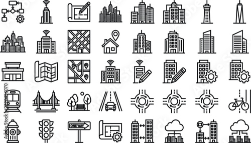 Linear black and white vector web icons set featuring urban planning city buildings navigation maps infrastructure and smart town elements