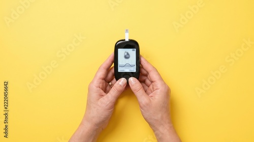 Person holding a blood glucose meter on yellow background