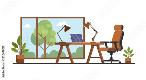 Flat Illustration of Modern Home Office Workspace with Nature Window View