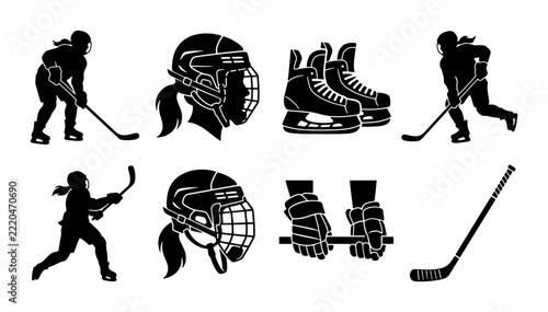 Photography Female ice hockey player silhouettes set with goalie mask, skates and stick for