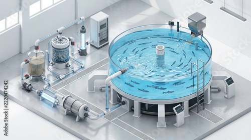 Isometric 3d illustration of modern aquaculture fish farm facility with large circular tank and advanced filtration system