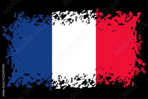 France national flag with grunge brush stroke texture, featuring French tricolor distressed paint effect on black background for Bastille Day patriot celebration backdrop