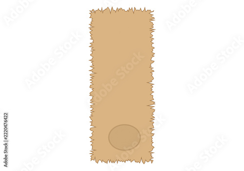 Tall brown kraft torn paper strip banner with ragged edges and stamp isolated on transparent background