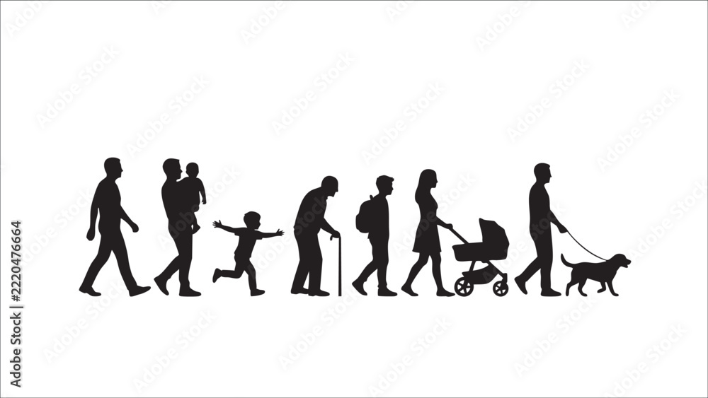 Obraz premium Group of people and family members silhouette, life stages concept, vector illustration