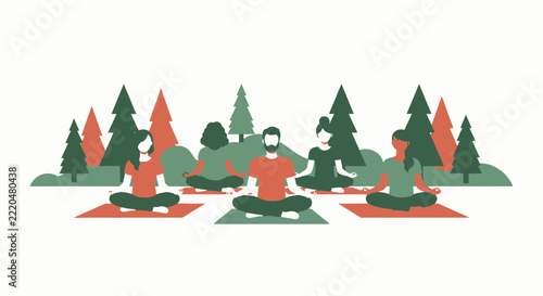 Diverse Group Meditating in Forest Flat Vector Illustration