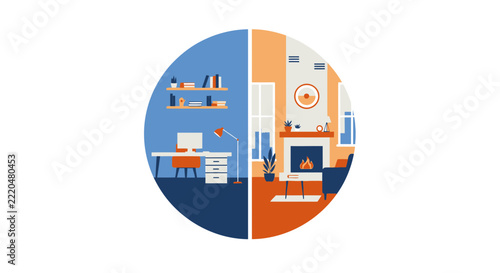 Work-Life Balance Flat Vector Illustration: Split Circle of Office and Living Room