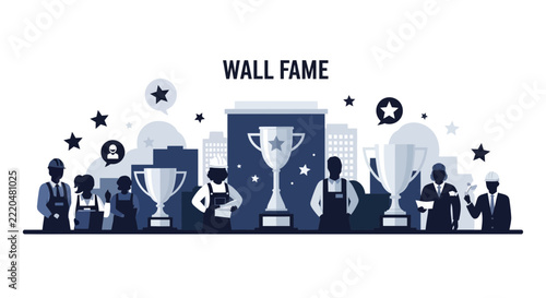 Wall of Fame Business Recognition Concept with Worker Silhouettes and Trophies