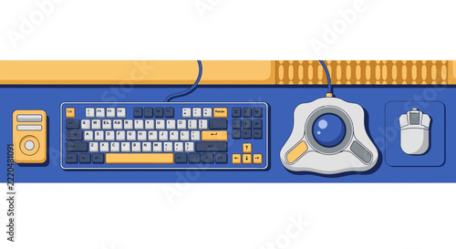Retro Computer Workspace Illustration with Mechanical Keyboard and Trackball