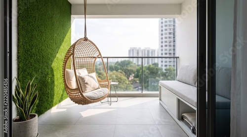 Modern Balcony with Hanging Swing and Stylish Wooden Bench