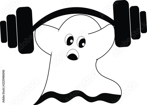 Cute Cartoon Ghost Character Lifting a Heavy Barbell for Strength Training and Fitness Motivation