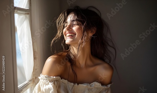 Joyful Woman by Window in Sunlight
