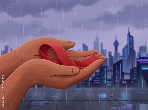 Red Ribbon in Hands Protecting Health Awareness Symbol Illustration