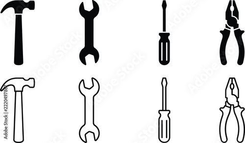 Essential hardware tools collection hammer wrench screwdriver and pliers in black and white