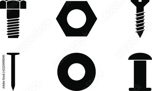 Black and white icons depicting various fasteners and hardware tools for construction