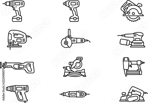 Collection of detailed hardware tools icons in black and white style