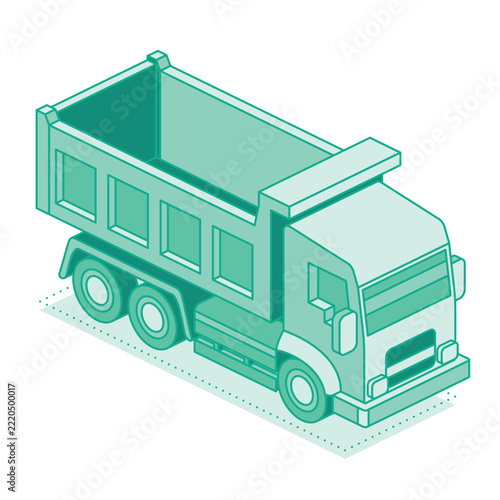 Outline Isometric Dump Truck with Open Cargo Bed. Vector Illustration.