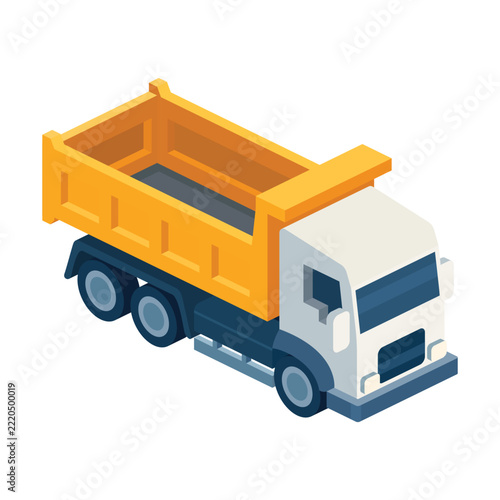 Isometric yellow dump truck with empty cargo bed isolated on white background. Vector illustration.