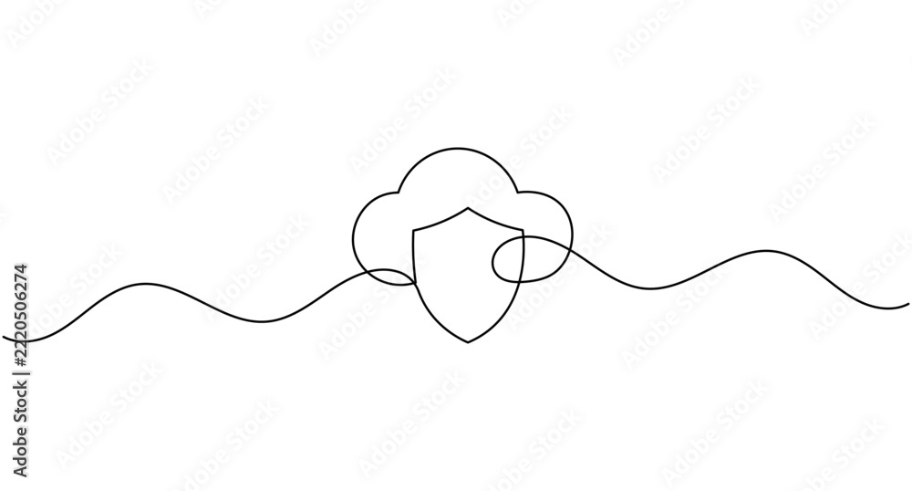 Obraz premium Cloud security continuous one line drawing minimalist protection shield icon editable stroke vector illustration